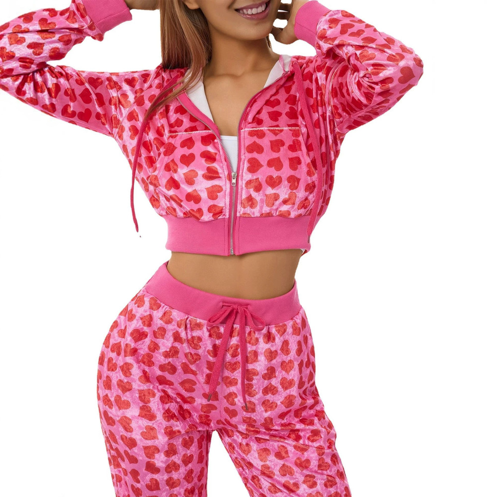 Zara Velvet Heart Print Zip Hoodie Set
